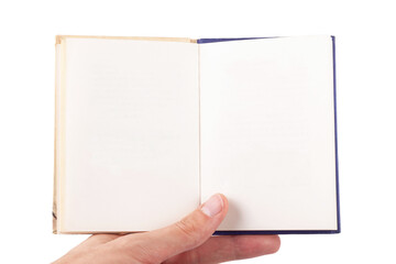Hand holding a small size open book, handbook with empty blank white pages, front view, frontal...