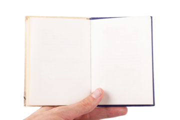 Hand holding a small size open book, handbook with empty blank white pages, front view, frontal shot, closeup. Object isolated on white background cut out Copy space, reading pocket notes blank pages