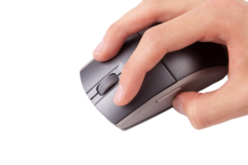 Man clicking the left mouse button on a generic modern wireless PC mouse, object closeup, isolated on white background, cut out, detail. Left click concept, hand holding mouse gesture, one person
