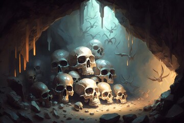 heaps of bones hundreds of skulls and bones on the ground in a dark cave ray of light digital art illustration oil painting  - obrazy, fototapety, plakaty