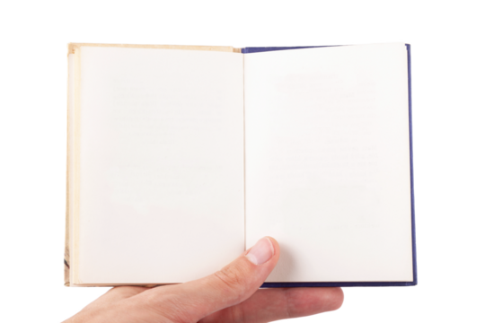 Hand holding a small size open book, handbook with empty blank white pages, front view, frontal shot, closeup. Object isolated on white background cut out Copy space, reading pocket notes blank pages - Powered by Adobe