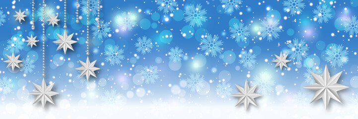 Christmas and New Year winter style vector background with stars, snowflakes and bokeh effect. Design template for banner, flyer, invitation card, poster, coupon, voucher