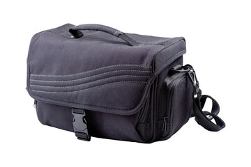 Naklejka premium Simple big closed professional photo video camera bag object closeup, isolated on white, cut out, nobody. Photography accessories carrying bag up close Professional photo equipment protection concept