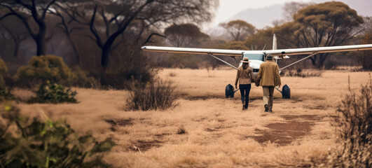 Couple wearing safari outfits and hat, walking to small airplane waiting on African savanna near....
