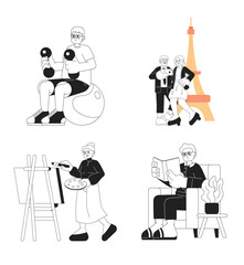 Retirement hobbies black and white cartoon flat illustration set. Lifestyle retiree pensioners linear 2D characters isolated. Senior leisure activities monochromatic scene vector image collection