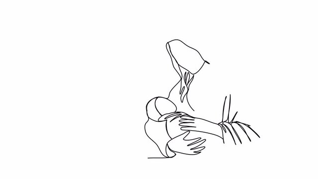 Shawl-wearing woman with a baby in her arms. Biblical stories, virgin mary with jesus christ in her arms. One line drawing animation with alpha channel.