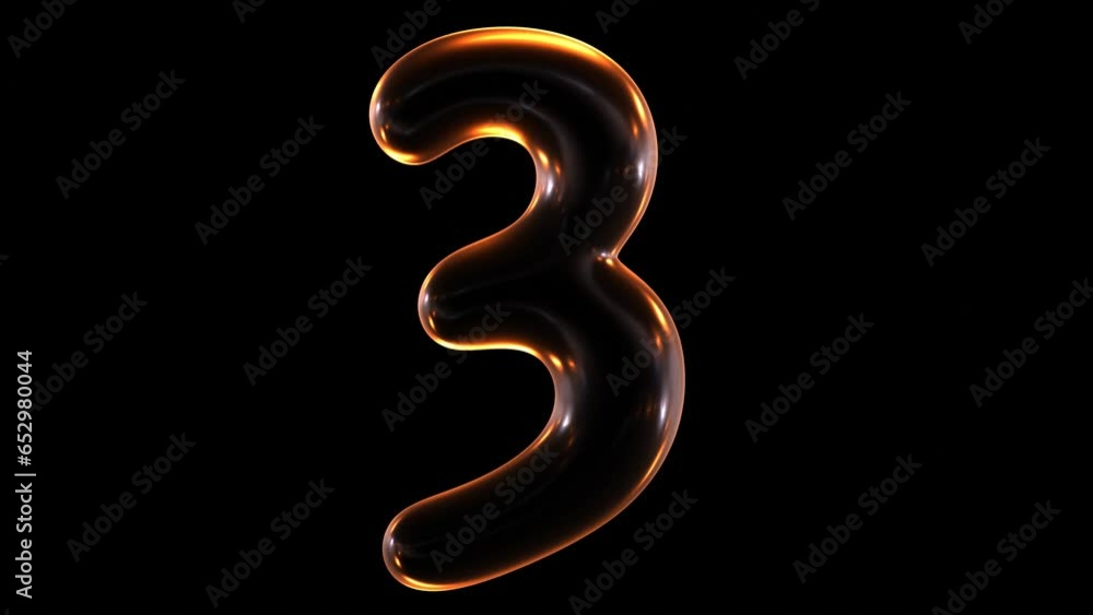 Poster seamless animation of glowing number 3 with light and reflections isolated on black background in 3d