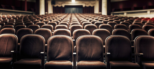 Rows of empty chairs at theatre or concert hall. Generative AI