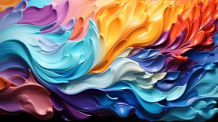 Foto auf Acrylglas Rendered Acrylic Paint Texture: Bold Rainbow Swirls & Marbled Waves in a High-Quality Abstract Background Banner © Udari