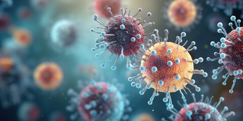 Influenza virus magnified under a microscope. Seasonal diseases. Medical banner.