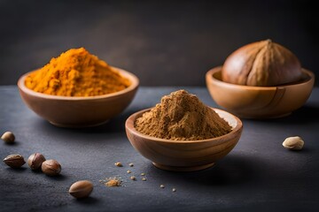 Ingredients for oriental cuisine include nutmeg nuts and a half nutmeg with visible seed structure ground into powder.