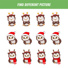 Find different owl in each row. Logical game for kids. Cartoon cute owlet. Winter Christmas game. Xmas activity. Vector