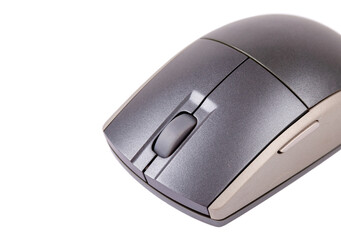 Simple generic grey modern PC mouse, slight angle, object closeup, isolated on white, detail, new clean product shot, nobody, no people, input devices abstract concept, computer accessories, equipment