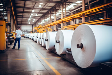 rolls of white paper for newsboys in a modern warehouse with workers - obrazy, fototapety, plakaty