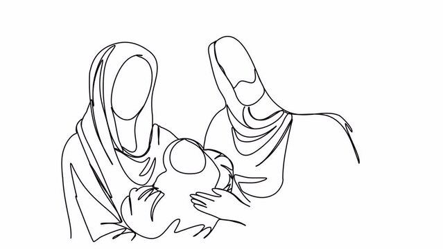 Nativity scene one line drawing animation wit alpha channel. Biblical stories, Joseph, virgin Mary with Jesus Christ in her arms.