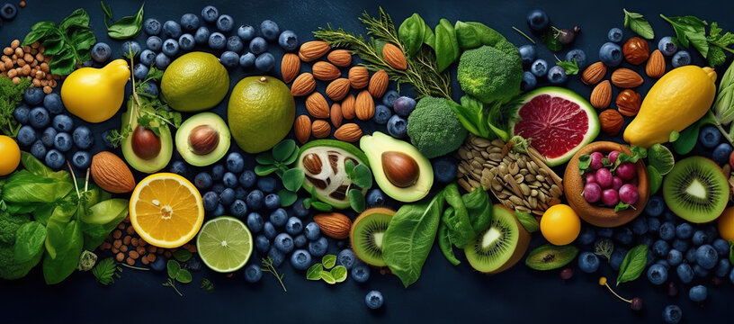 Healthy food background. Fruit, vegetable, seeds, superfood, cereals, leaf vegetable Healthy food concept. Created with Generative AI