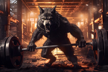 Black wolf with barbell in the gym, The concept of power and strength, Ai Generated - obrazy, fototapety, plakaty