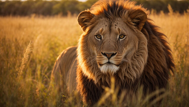 Grande leone maschio (Panthera leo) con una bellissima criniera nella savana al tramonto