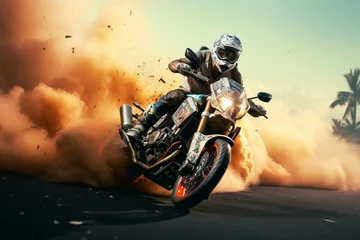 Foto op Plexiglas In a breathtaking display of skill, a biker conquers a perilous motorbike stunt © shaista