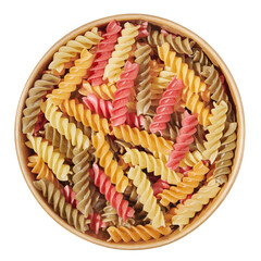 Colorful pasta fusilli noodle in wooden bowl isolated on white, close up