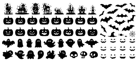 Set of halloween silhouettes black icon and character. Vector illustration. Isolated on white background