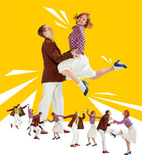 Happy young couple, man and woman in retro clothes cheerfully dancing over yellow background. Concept of retro dance, vintage, hobby, creativity and inspiration. Colorful design. Poster, ad