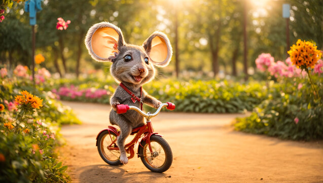 Cute cartoon mouse on a bicycle