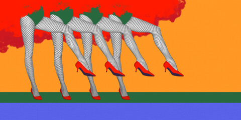 Cabaret, burlesque dance. Female legs in red heels and fishnet stocking over yellow background. Concept of retro dance, vintage, hobby, creativity and inspiration. Colorful design. Poster, ad