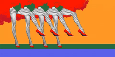 Foto op Plexiglas Cabaret, burlesque dance. Female legs in red heels and fishnet stocking over yellow background. Concept of retro dance, vintage, hobby, creativity and inspiration. Colorful design. Poster, ad © master1305