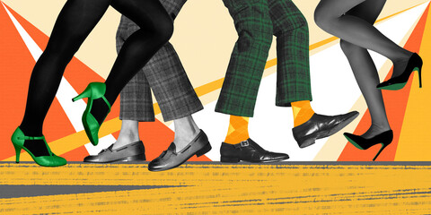 Party and leisure time. Male and female legs in shoes and heels over colorful background. People dancing. Concept of retro dance, vintage, hobby, creativity, inspiration. Colorful design. Poster, ad - obrazy, fototapety, plakaty