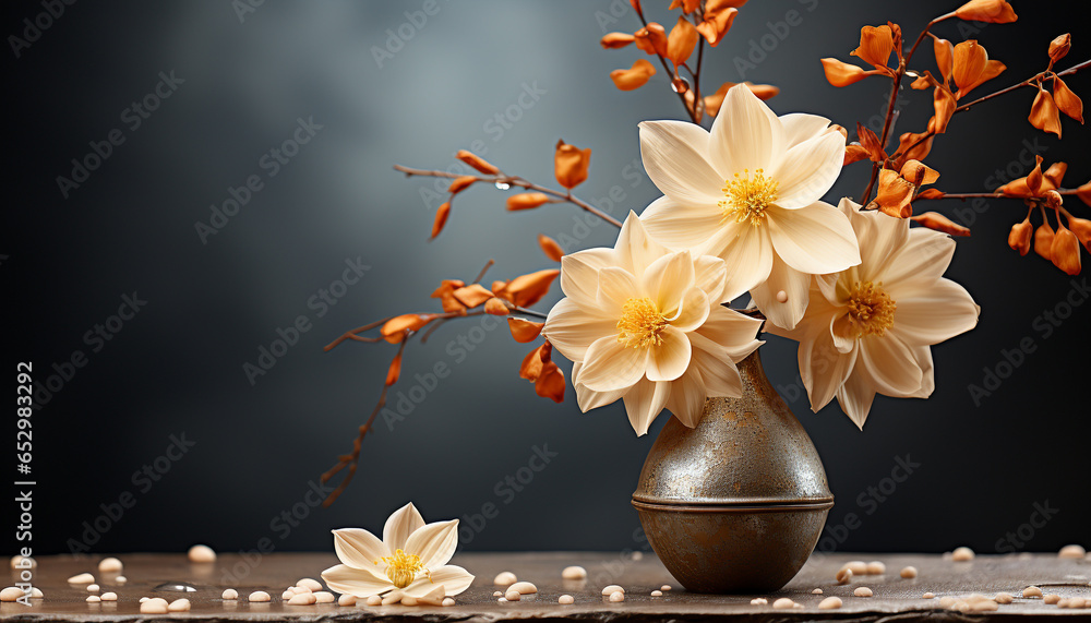 Poster a beautiful bouquet of fresh flowers on a rustic wooden table generated by ai