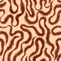Hand drawn seamless wavy pattern. Brown and beige waves. Painted with brush squiggles. Swirl pattern with curved lines. Grunge animal skin texture
