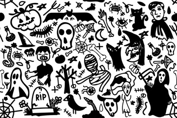 Amazing Halloween pack. Creepy, scary, spooky fear and horror. Death, monster, zombie, skull, skeleton, witch, vampire, werewolf, moon, grave, cemetery, eye, magic. Vector seamless pattern.