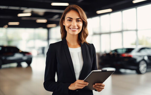 Sales woman at a car showroom, holding tablet and smiling to the camera. Generative AI