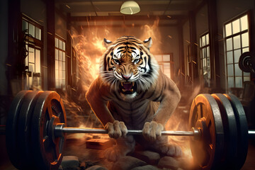 Tiger exercising with a barbell in the gym, Tiger on Fire, Ai Generated - obrazy, fototapety, plakaty