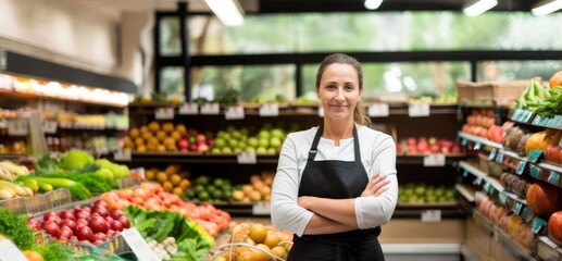 Smiling young female supermarket worker looking at the camera