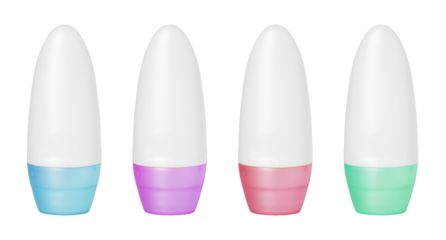 Set of antiperspirant deodorant roll-on mockups with colorful caps isolated on transparent background