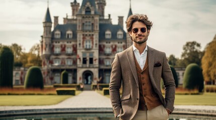 Stylish Man in elegant attire posing in front of vintage castle
