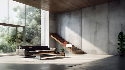 Modern empty interior whit black sofa and sun shine.