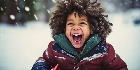 Foto op Canvas Black mixed race toddler child wearing a red coat laughing and having fun on a snow sled, skid, sledge, toboggan and sliding down hill of snow, winter snowy Christmas season   Generative AI © Kay