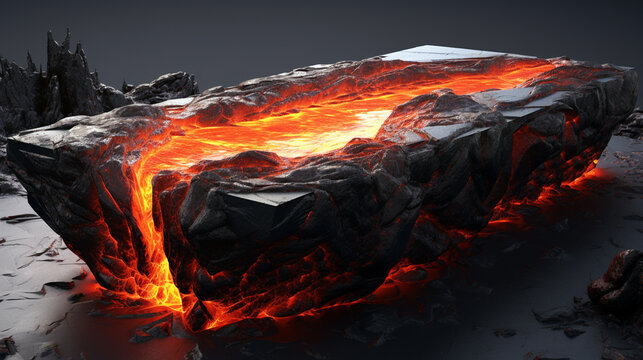A black rock platformp linth with flowing lava, liquid magma,