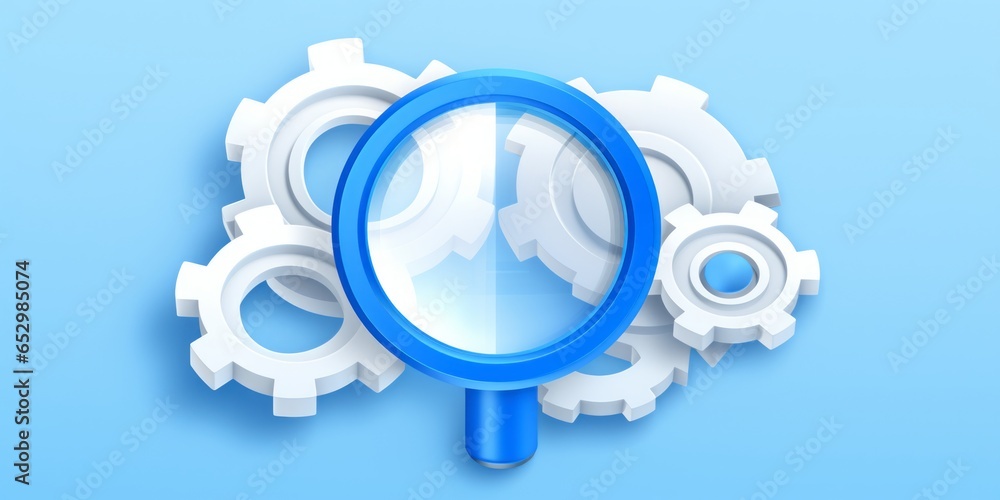 Aufkleber Magnifying Icon with Gears Positioned at the Center, Set Against a Clean White Background, Symbolizing the Intersection of Technology, Precision, and Visual Exploration in a Transparent Concept