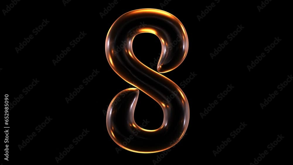 Poster seamless animation of glowing number 8 with light and reflections isolated on black background in 3d