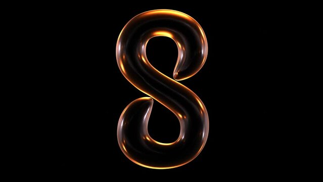 Seamless animation of glowing number 8 with light and reflections isolated on black background in 3d rendering.