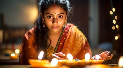 beautiful hindu indian woman lighting diya on Diwali