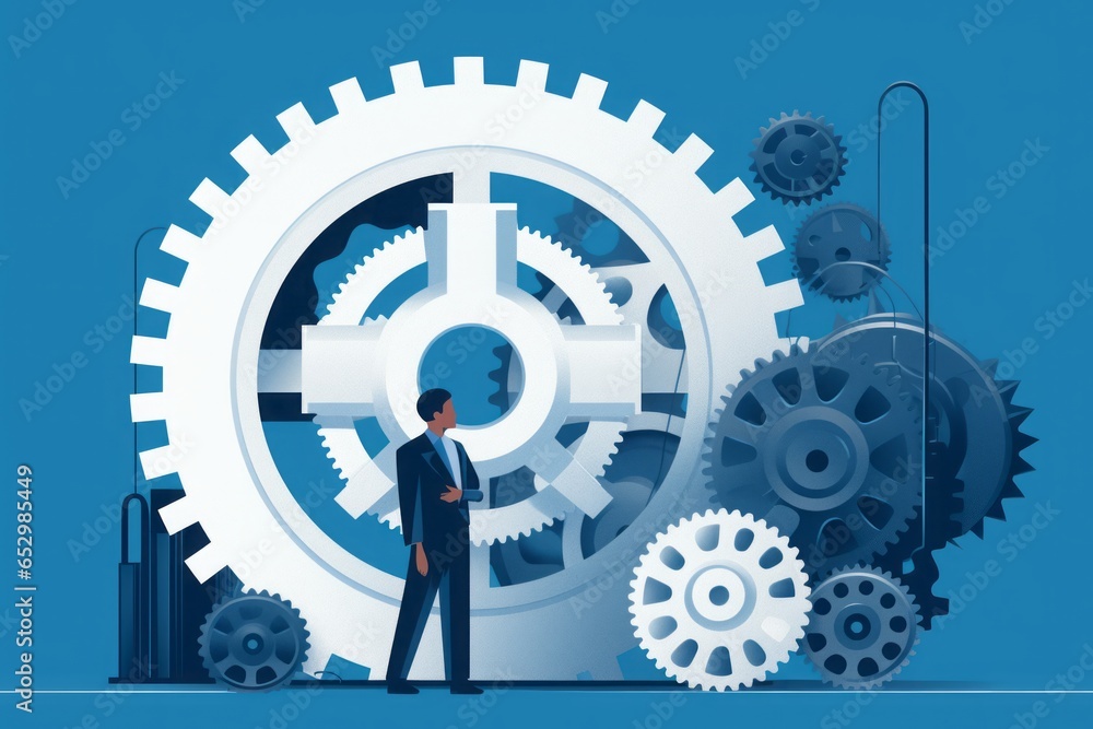 Poster 2d image icon depicting a man standing on a gear wheel, symbolizing the symbiotic relationship betwe