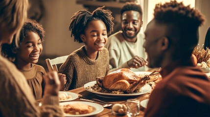 happy black family enjoying thanksgiving dinner - obrazy, fototapety, plakaty