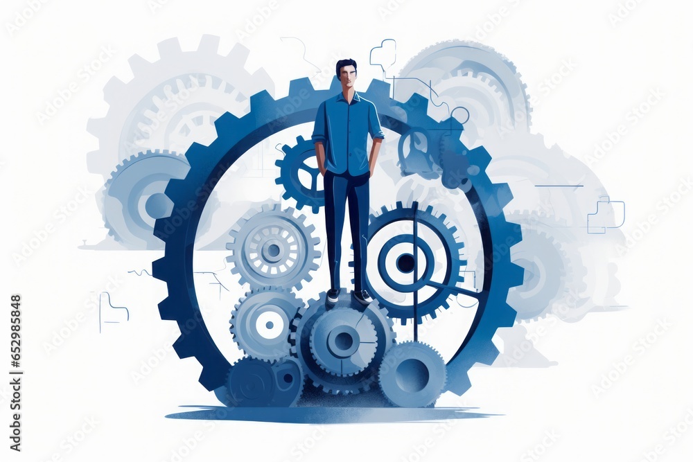 Poster 2d image icon depicting a man standing on a gear wheel, symbolizing the symbiotic relationship betwe