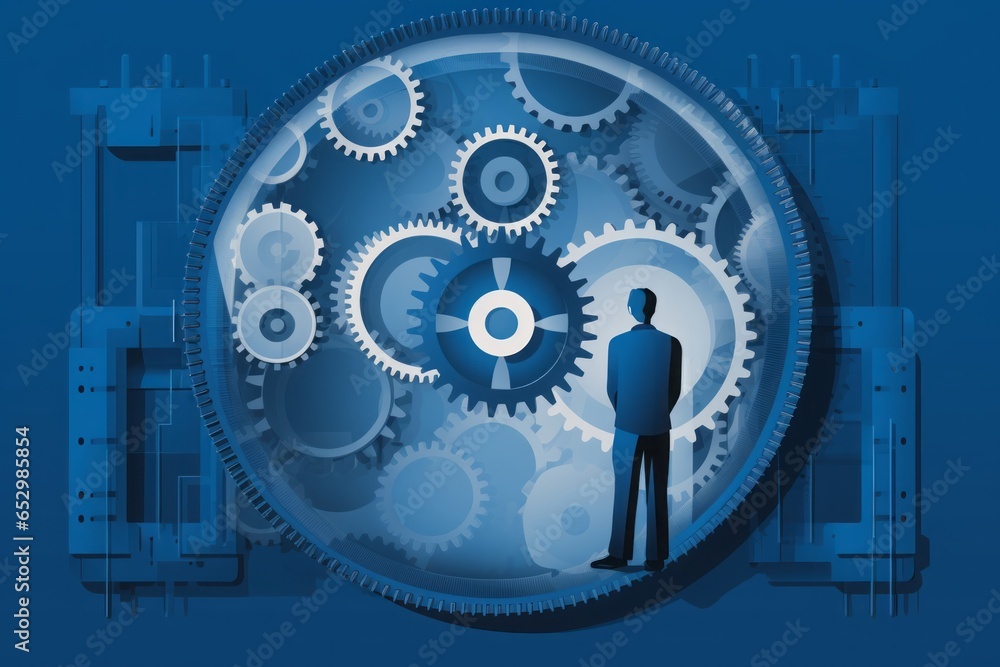 Poster 2d image icon depicting a man standing on a gear wheel, symbolizing the symbiotic relationship betwe