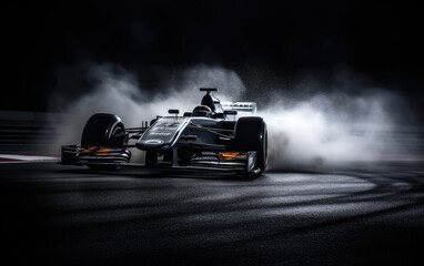 Dramatic shot of a race car just before entering a chicane. Generative AI
